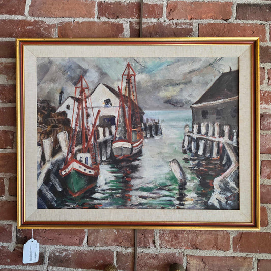 Stormy Harbor with red-Masted Fishing Boats Art