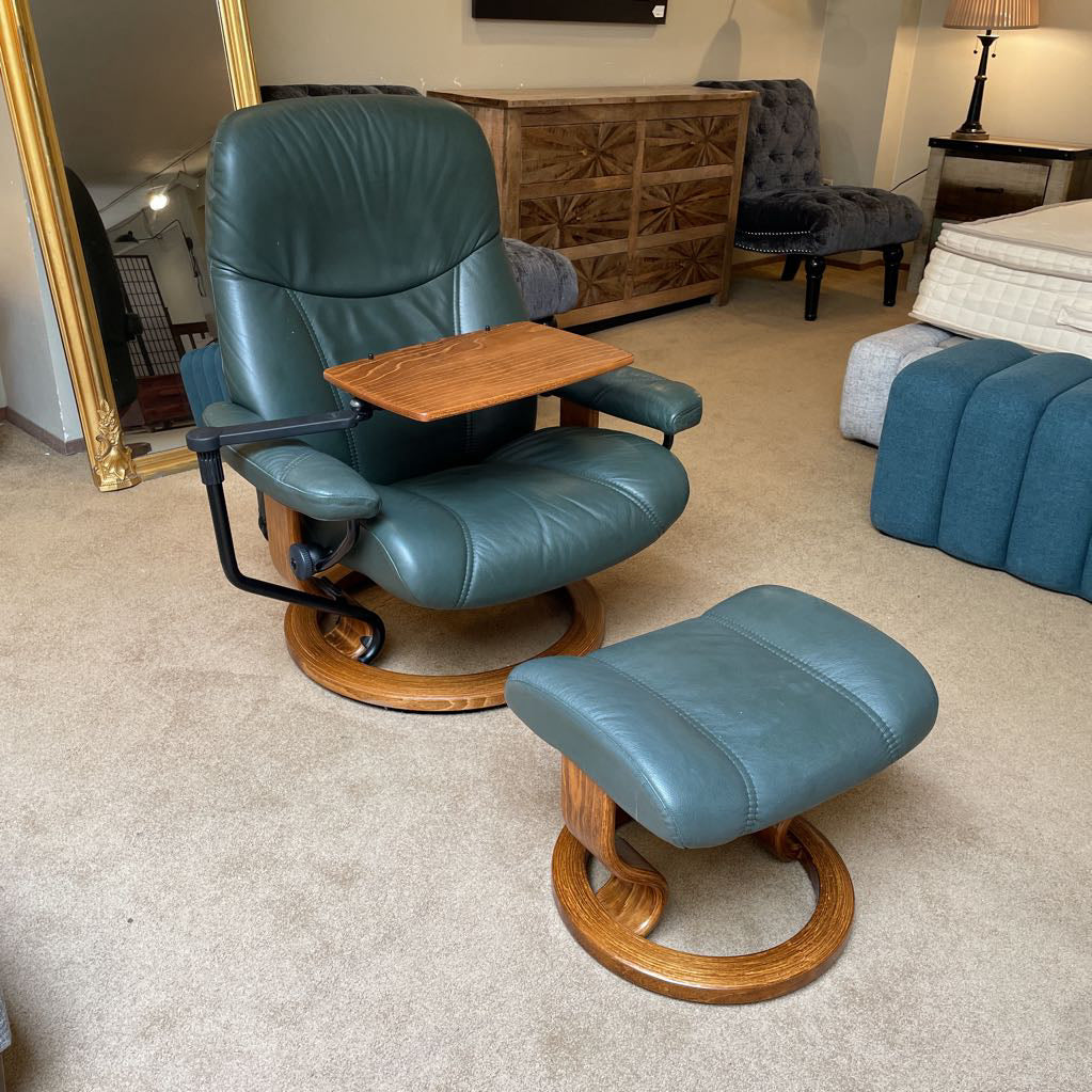 Ekornes Green Leather Recliner with Ottoman