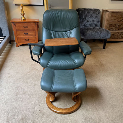 Ekornes Green Leather Recliner with Ottoman