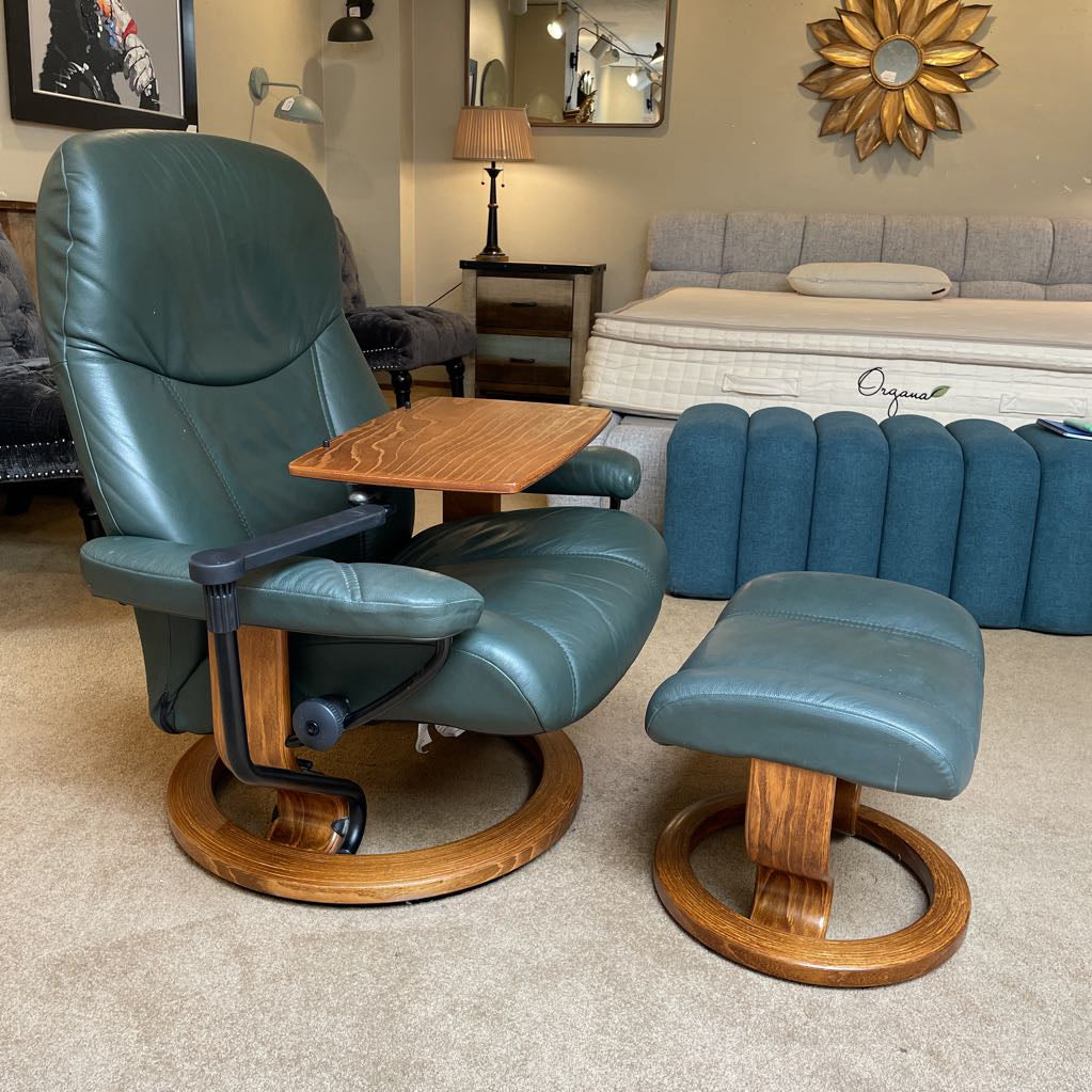 Ekornes Green Leather Recliner with Ottoman