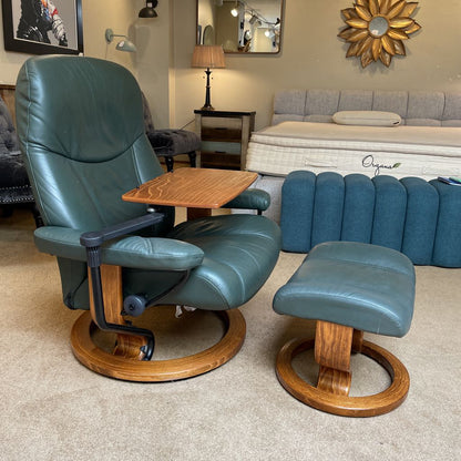 Ekornes Green Leather Recliner with Ottoman