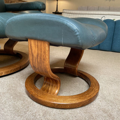 Ekornes Green Leather Recliner with Ottoman