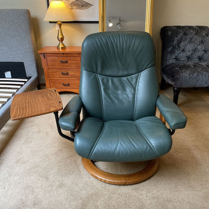 Ekornes Green Leather Recliner with Ottoman