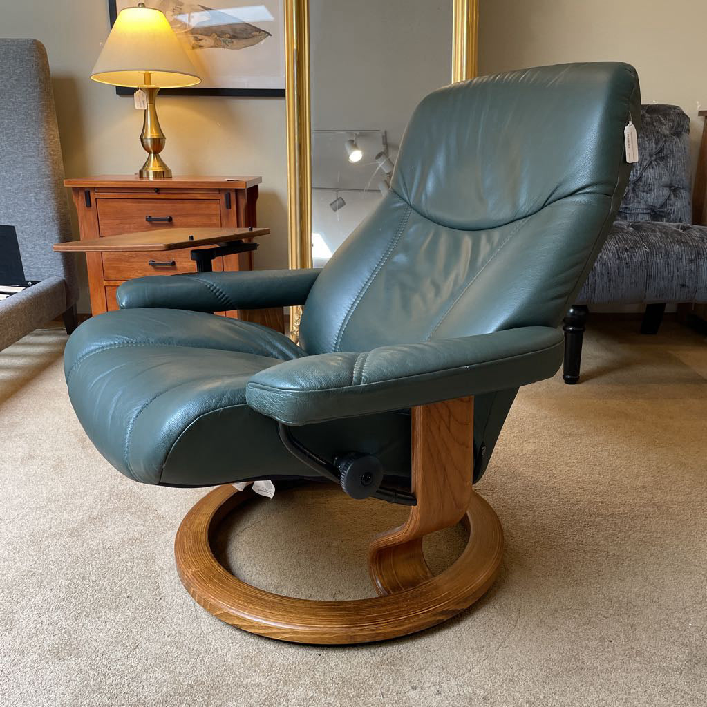Ekornes Green Leather Recliner with Ottoman