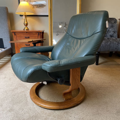 Ekornes Green Leather Recliner with Ottoman