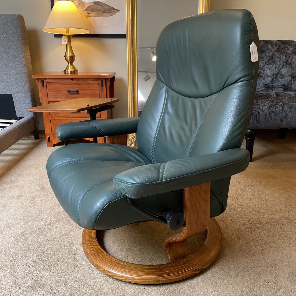 Ekornes Green Leather Recliner with Ottoman