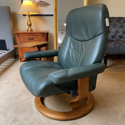 Ekornes Green Leather Recliner with Ottoman