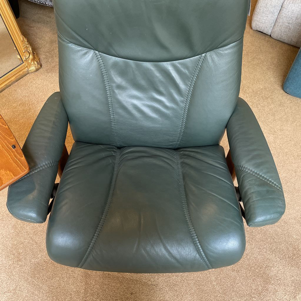 Ekornes Green Leather Recliner with Ottoman