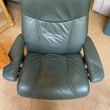 Ekornes Green Leather Recliner with Ottoman