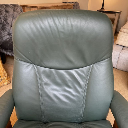Ekornes Green Leather Recliner with Ottoman