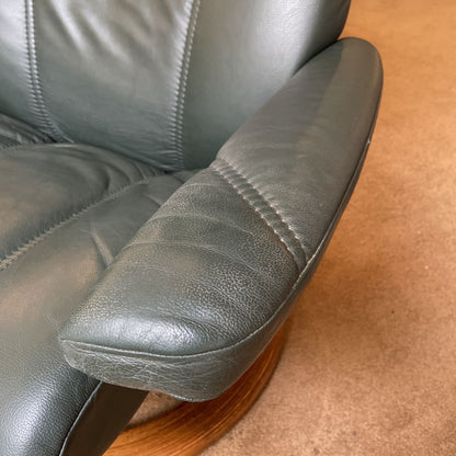 Ekornes Green Leather Recliner with Ottoman