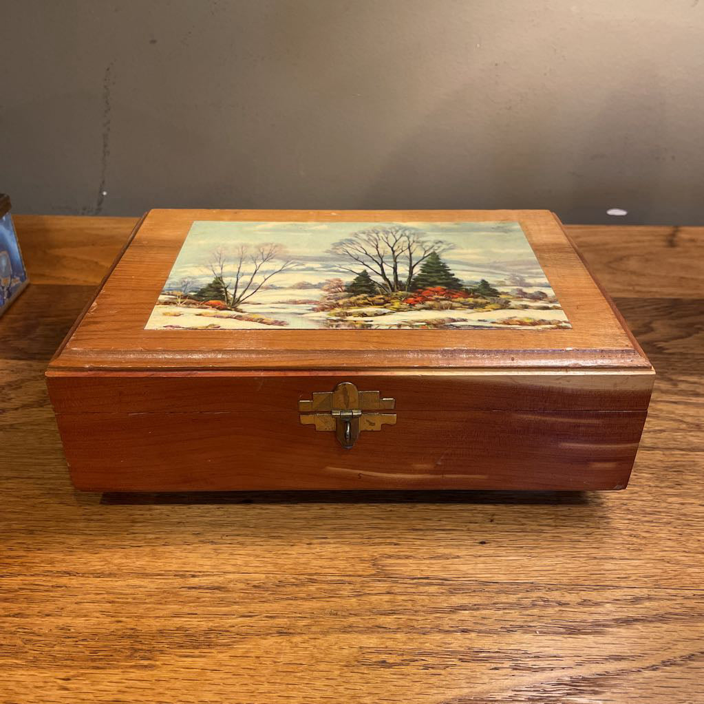 Wood Trinket Box with Winter Trees and River Scene SMALLS