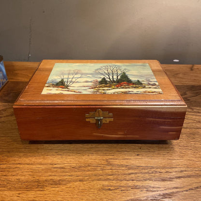 Wood Trinket Box with Winter Trees and River Scene SMALLS