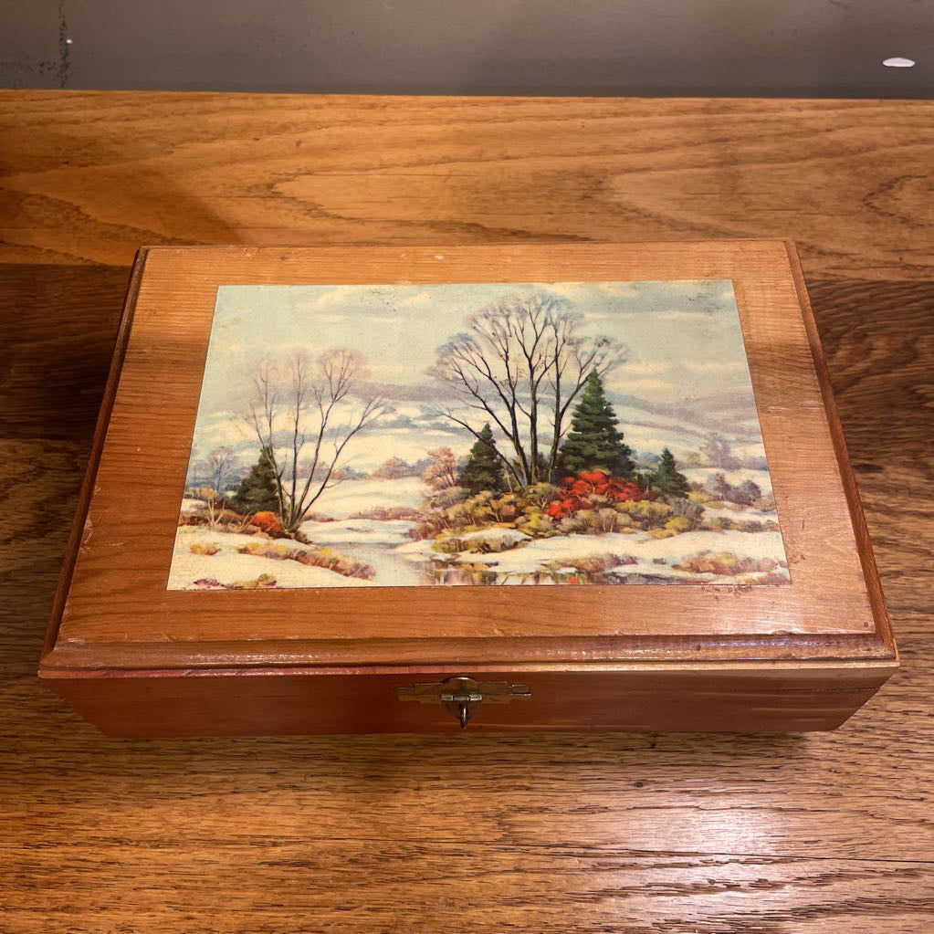Wood Trinket Box with Winter Trees and River Scene SMALLS