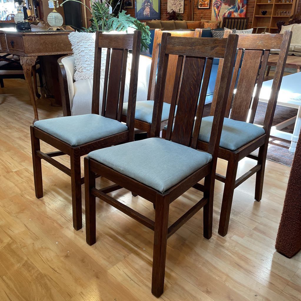 Vintage Dark Oak Blue Seat Dining Chairs SET of 4