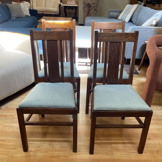 Vintage Dark Oak Blue Seat Dining Chairs SET of 4 C DINING CHAIRS