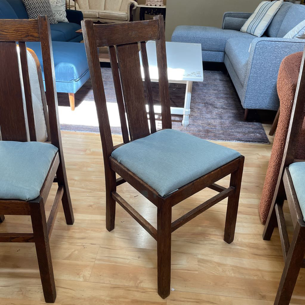 Vintage Dark Oak Blue Seat Dining Chairs SET of 4
