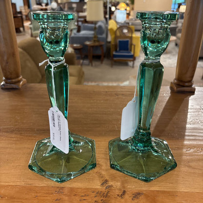 Set of 2 Vintage Green Glass Candle Holders