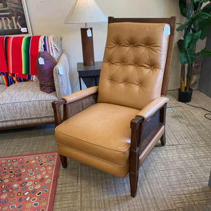 Vintage Tan Button Tufted Cane & Wood Recliner