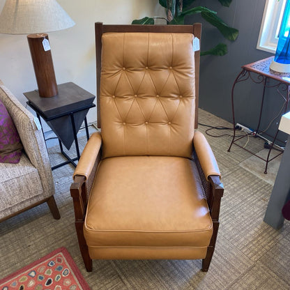 Vintage Tan Button Tufted Cane & Wood Recliner