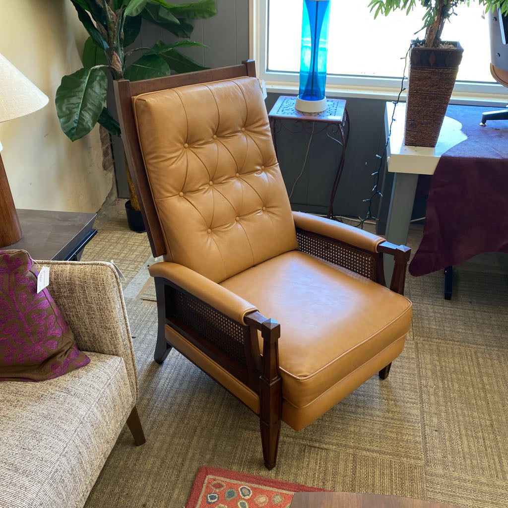 Vintage Tan Button Tufted Cane & Wood Recliner