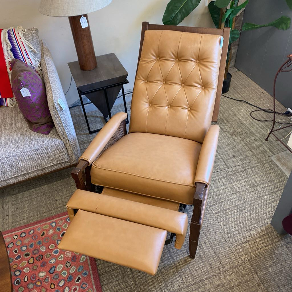 Vintage Tan Button Tufted Cane & Wood Recliner