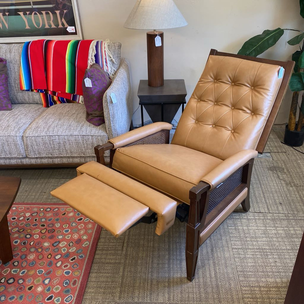 Vintage Tan Button Tufted Cane & Wood Recliner