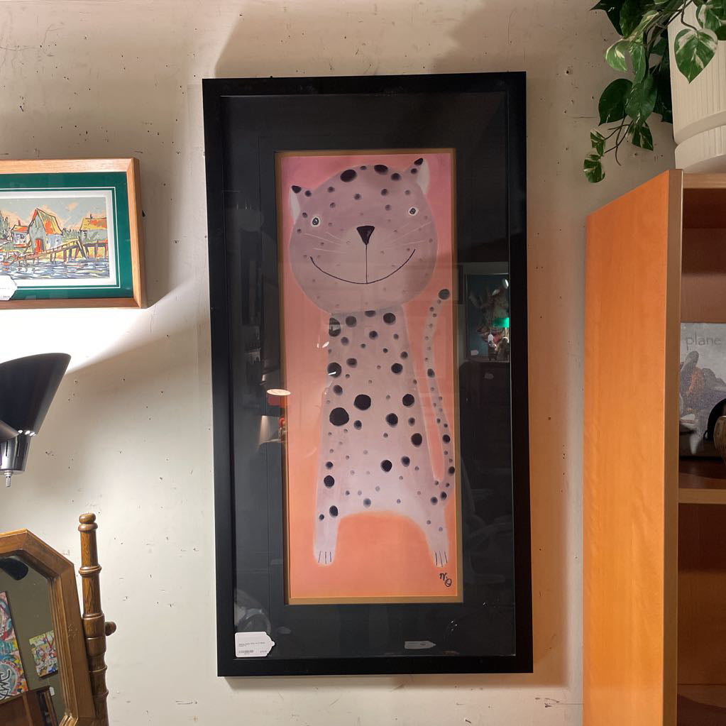 Oblong Happy Kitty Art in Black Frame