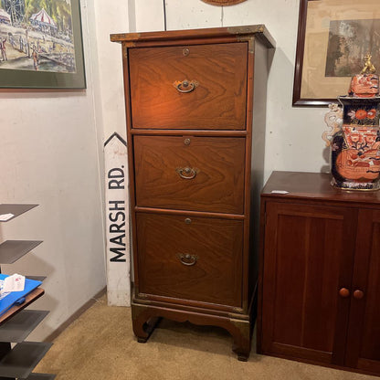 Large Oak 3 Drawer Filing Cabinet w/ Brass Accents AS IS