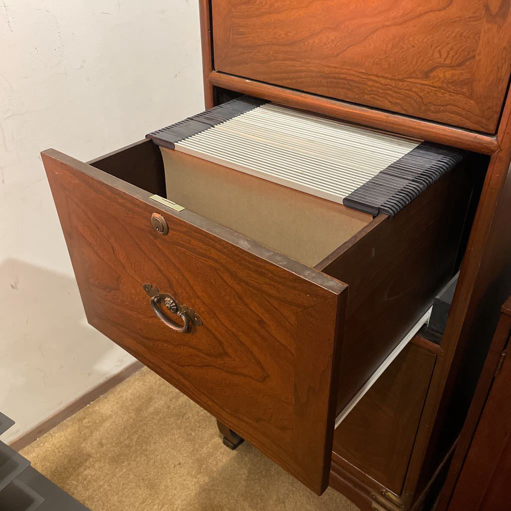 Large Oak 3 Drawer Filing Cabinet w/ Brass Accents AS IS