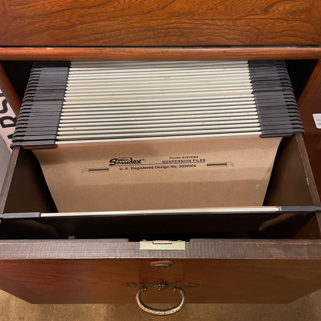 Large Oak 3 Drawer Filing Cabinet w/ Brass Accents AS IS