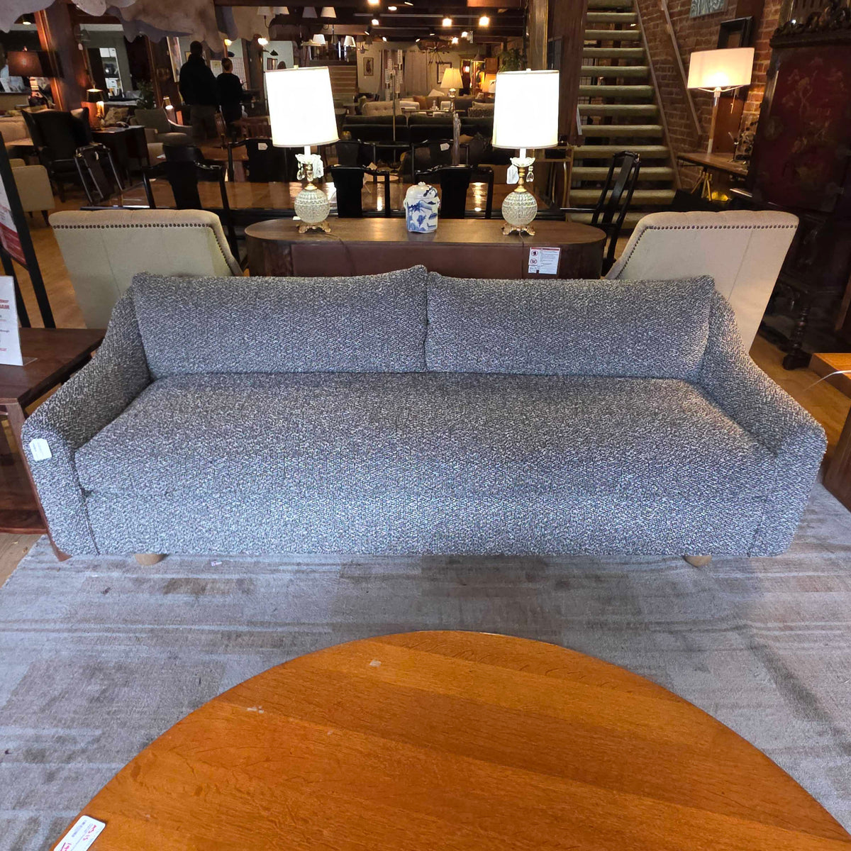 Couch Rollie Sloped Arm Grey + White Boucle Sofa