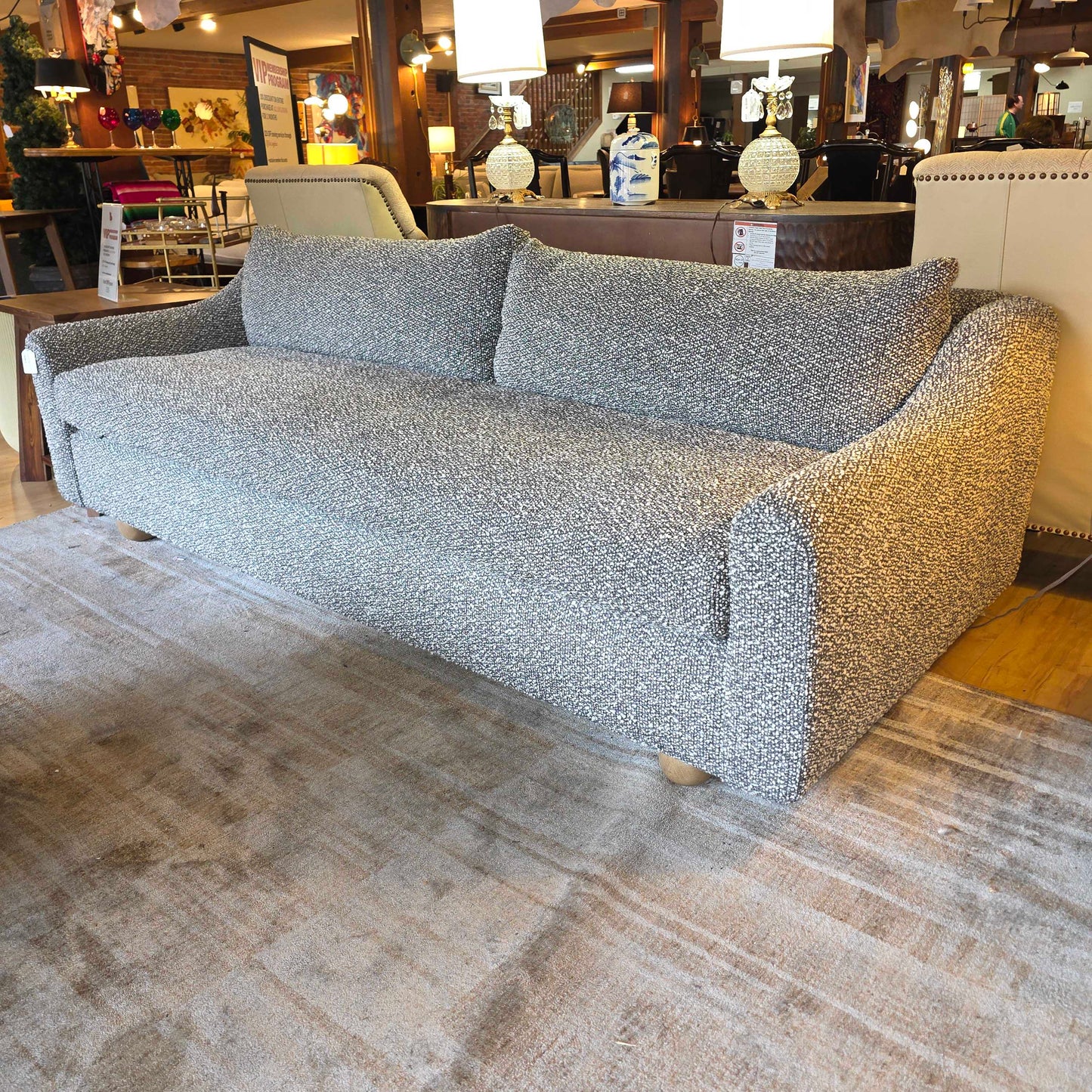Couch Rollie Sloped Arm Grey + White Boucle Sofa