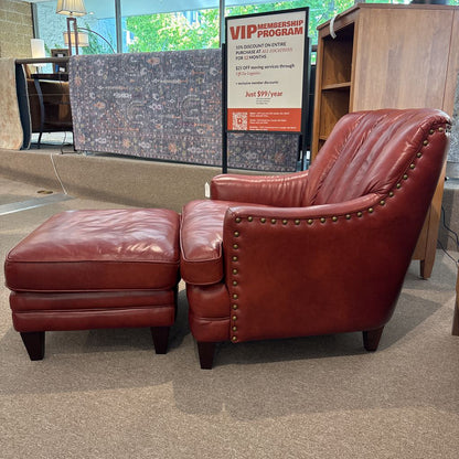 Bassett Red Leather Club Chair w/ Ottoman