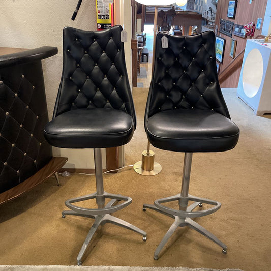 MCM Black Vinyl Diamond Tufted Bar & Set of 2 Barstools UNIQUE FINDS