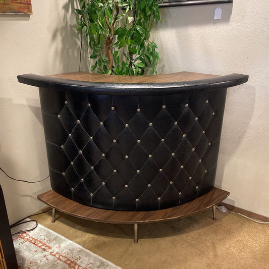 MCM Black Vinyl Diamond Tufted Bar & Set of 2 Barstools UNIQUE FINDS