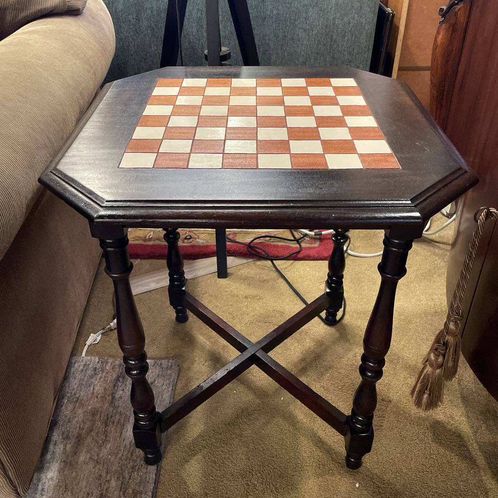 Carved Dark Wood Chess End Table