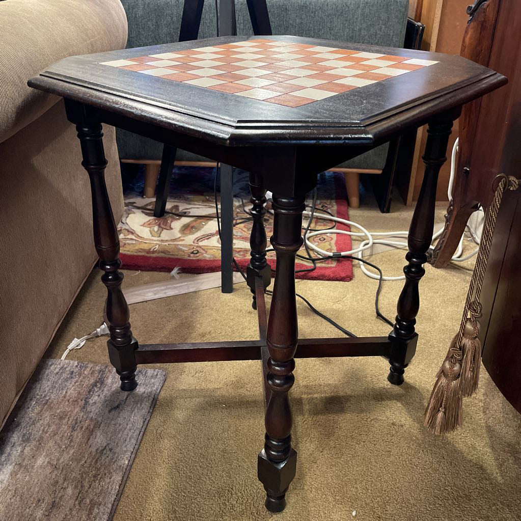 Carved Dark Wood Chess End Table