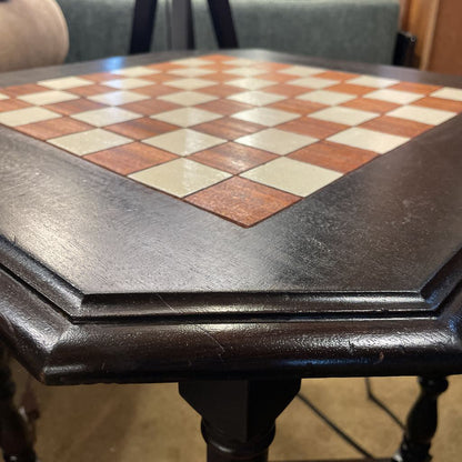 Carved Dark Wood Chess End Table