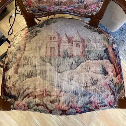 Victorian Style Arm Chair w/ Castle + Bird Upholstery