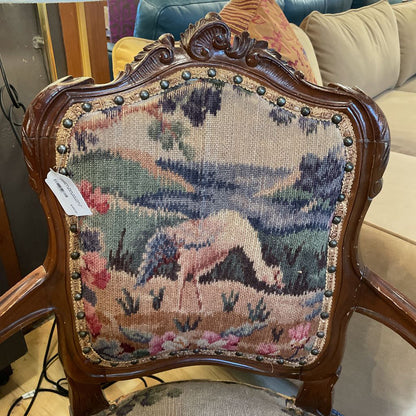 Victorian Style Arm Chair w/ Castle + Bird Upholstery