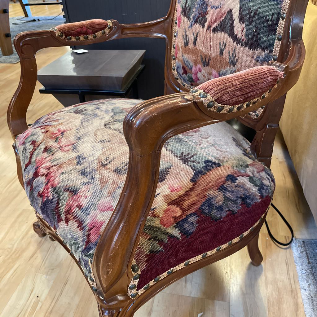 Victorian Style Arm Chair w/ Castle + Bird Upholstery