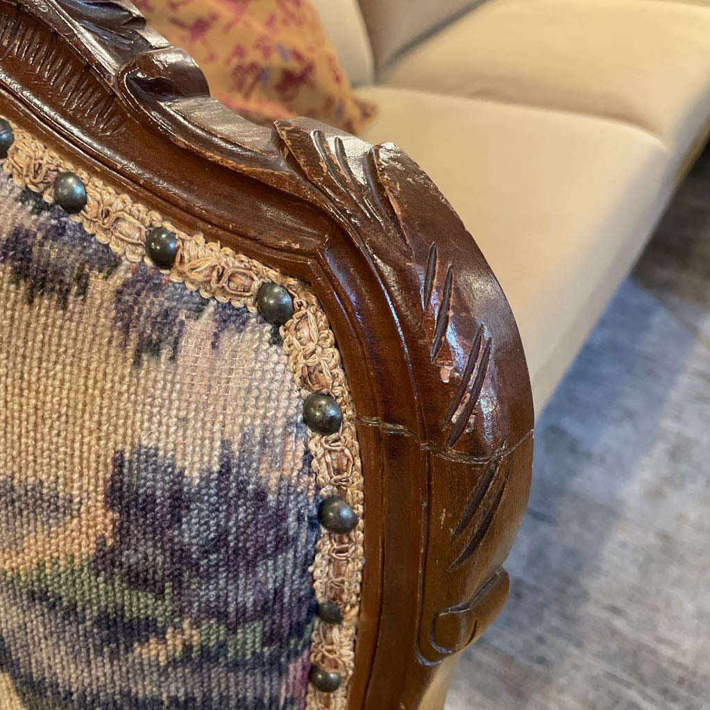 Victorian Style Arm Chair w/ Castle + Bird Upholstery