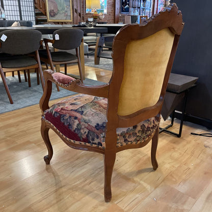 Victorian Style Arm Chair w/ Castle + Bird Upholstery