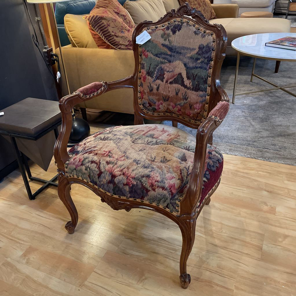 Victorian Style Arm Chair w/ Castle + Bird Upholstery