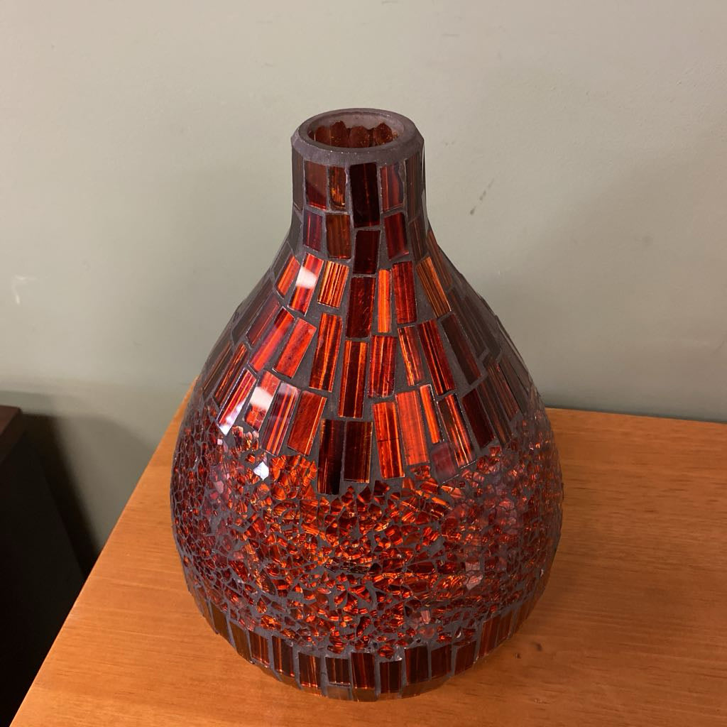 Amber Red Crackle Glass Mosaic Vase