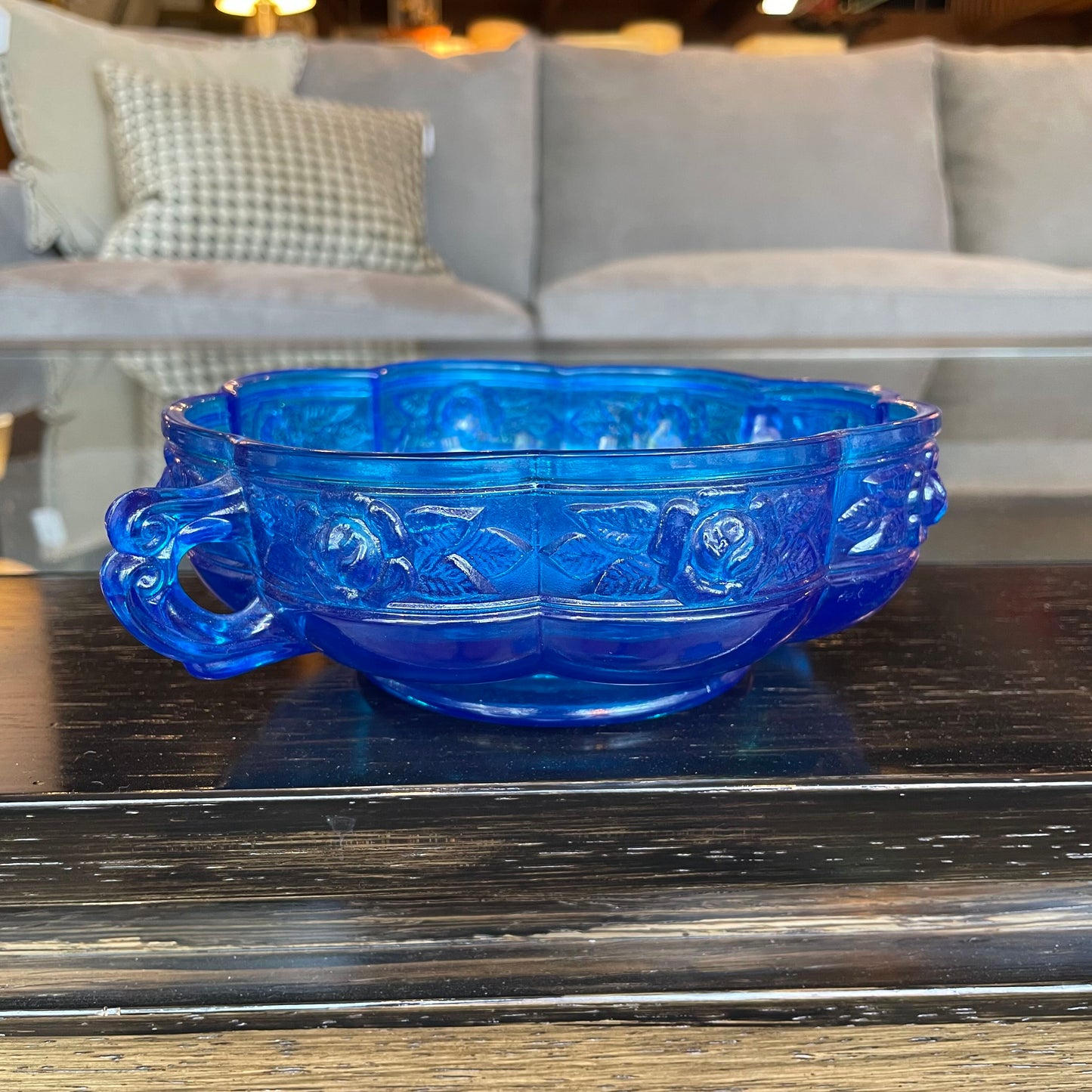 Bright Blue Glass with Floral Border