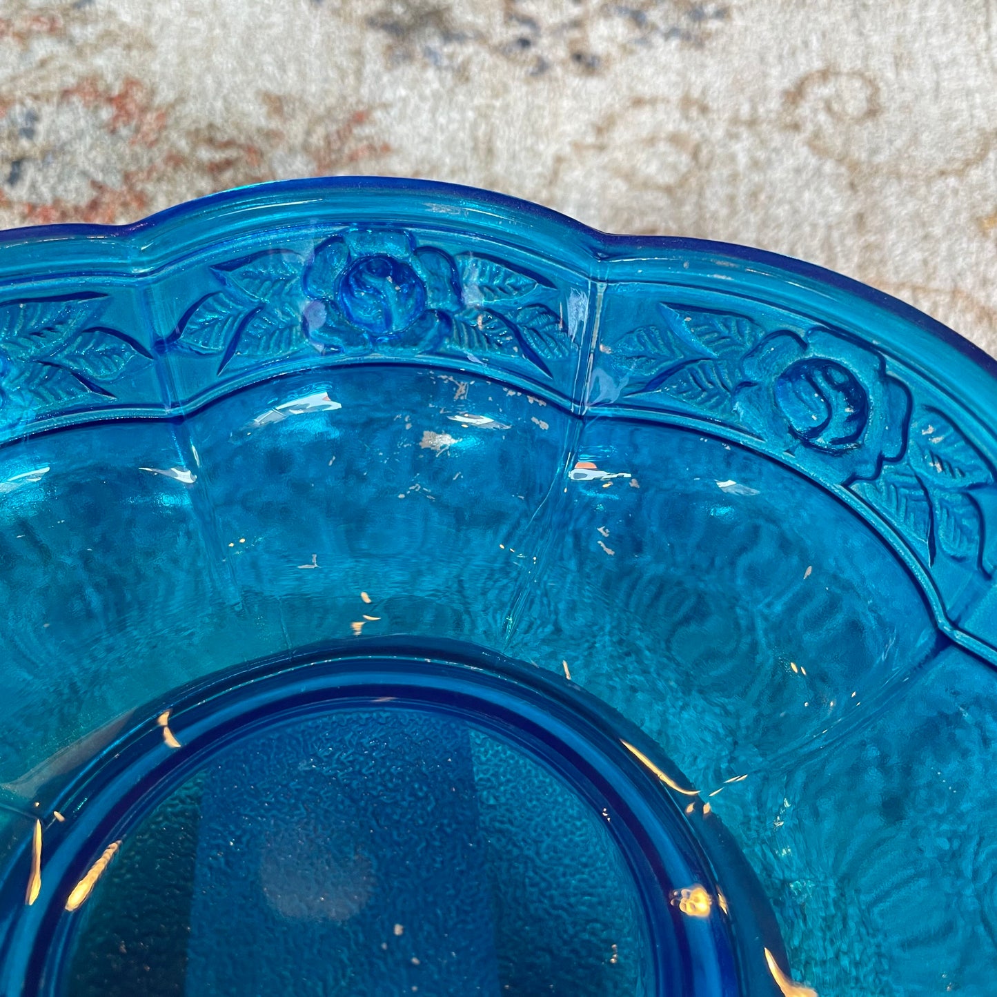 Bright Blue Glass with Floral Border
