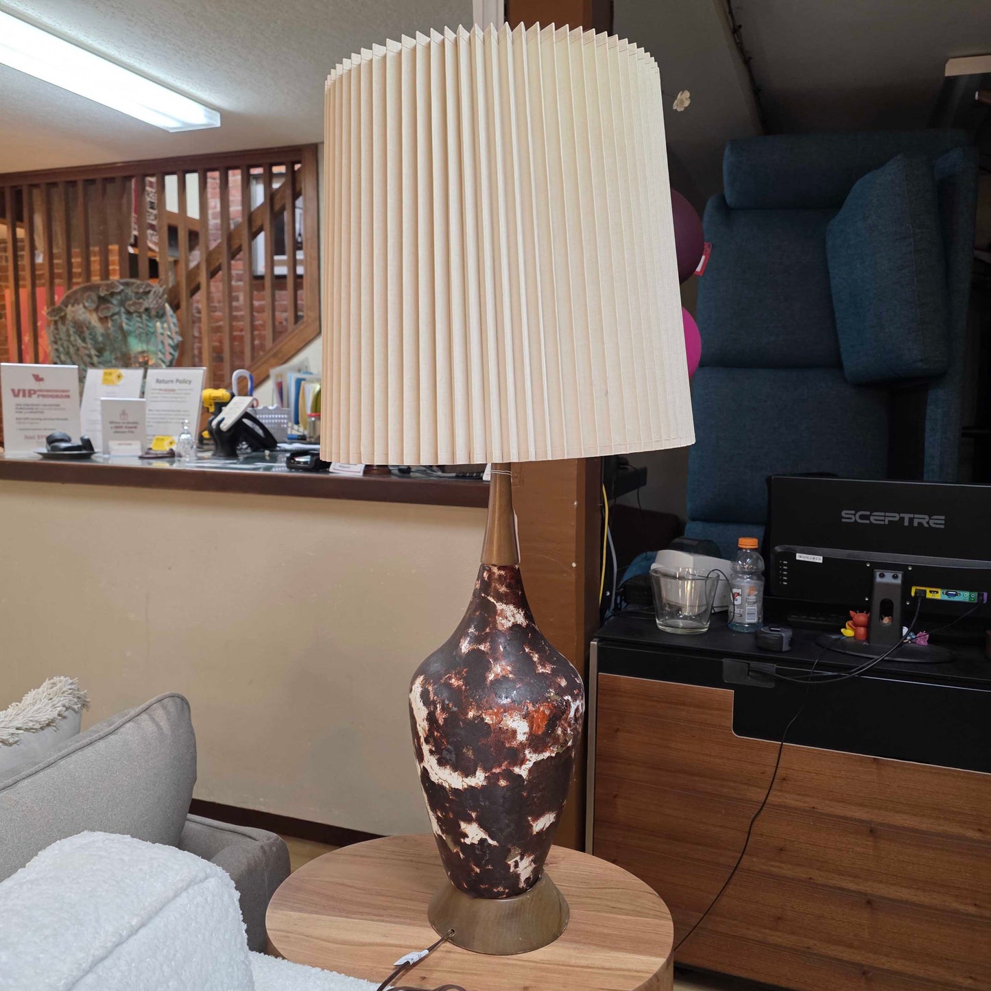 White and Brown Splat Table Lamp with Pleated Shade