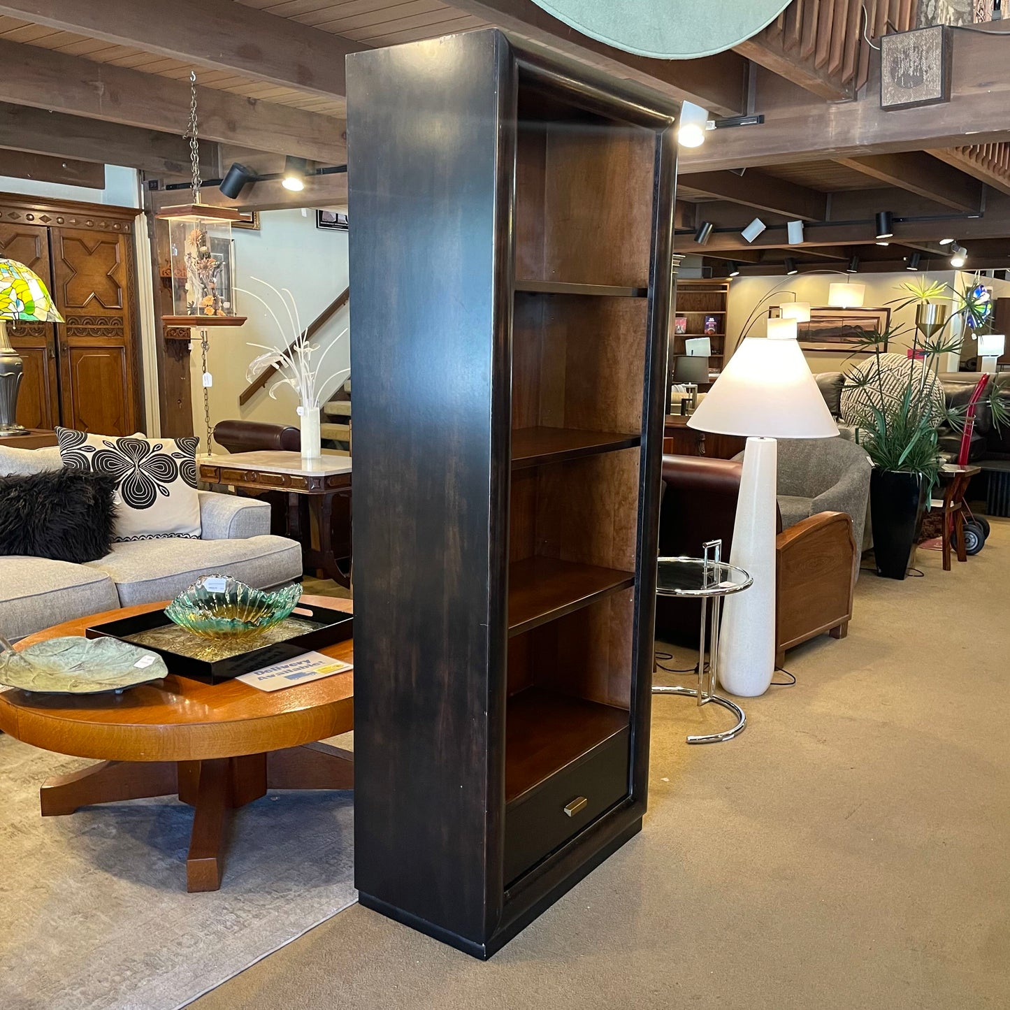 Dark Wood 4 Tier Bookshelf w/ Bottom Drawer